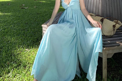 Halter Neck Plain Floral Accent Ruched Layered Open Back Maxi A-Line Dress