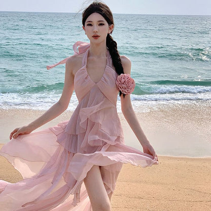 Set: Halter V-Neck Plain Layered Ruffle Open Back Top + High Rise Asymmetrical A-Line Skirt