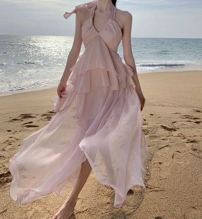 Set: Halter V-Neck Plain Layered Ruffle Open Back Top + High Rise Asymmetrical A-Line Skirt