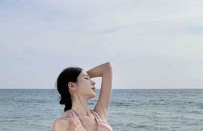 Set: Halter V-Neck Plain Layered Ruffle Open Back Top + High Rise Asymmetrical A-Line Skirt