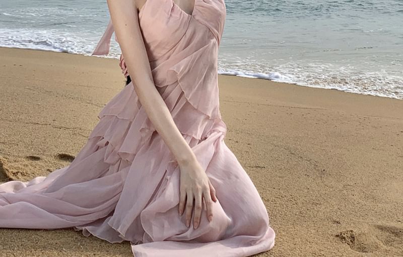 Set: Halter V-Neck Plain Layered Ruffle Open Back Top + High Rise Asymmetrical A-Line Skirt