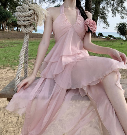 Set: Halter V-Neck Plain Layered Ruffle Open Back Top + High Rise Asymmetrical A-Line Skirt