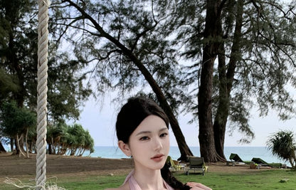 Set: Halter V-Neck Plain Layered Ruffle Open Back Top + High Rise Asymmetrical A-Line Skirt