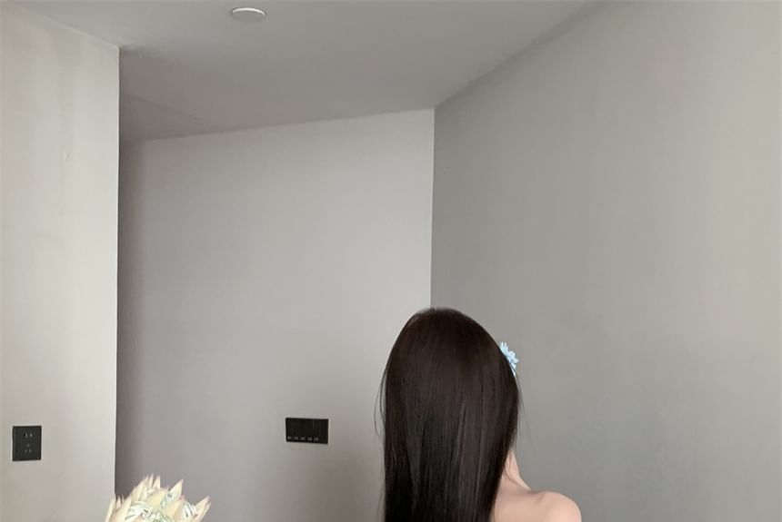 Long-Sleeve Off-Shoulder Plain Bow Accent Ruched Tunic Dress