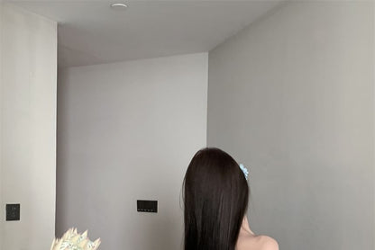 Long-Sleeve Off-Shoulder Plain Bow Accent Ruched Tunic Dress