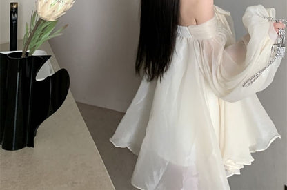 Long-Sleeve Off-Shoulder Plain Bow Accent Ruched Tunic Dress