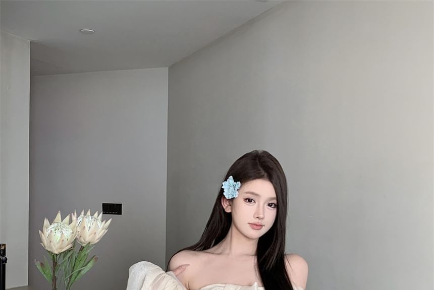 Long-Sleeve Off-Shoulder Plain Bow Accent Ruched Tunic Dress