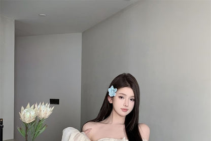 Long-Sleeve Off-Shoulder Plain Bow Accent Ruched Tunic Dress