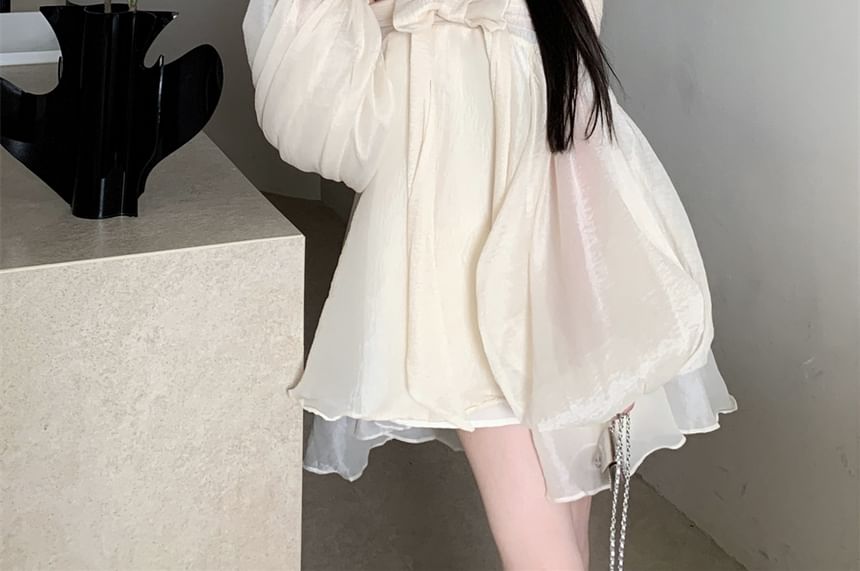 Long-Sleeve Off-Shoulder Plain Bow Accent Ruched Tunic Dress