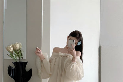 Long-Sleeve Off-Shoulder Plain Bow Accent Ruched Tunic Dress