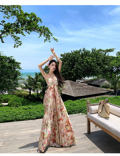 Halter Neck Floral Print Cutout Pleated Open Back Maxi A-Line Dress