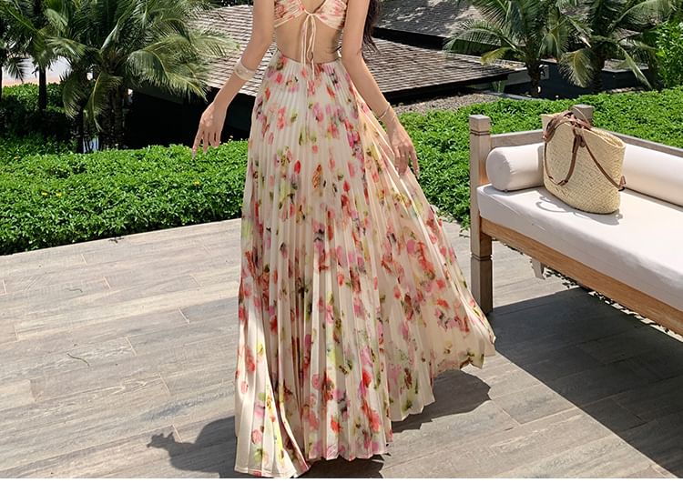 Halter Neck Floral Print Cutout Pleated Open Back Maxi A-Line Dress
