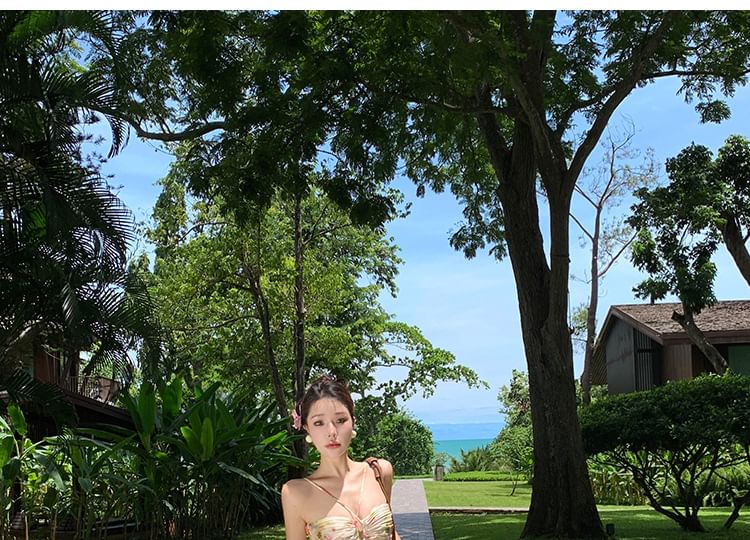 Halter Neck Floral Print Cutout Pleated Open Back Maxi A-Line Dress