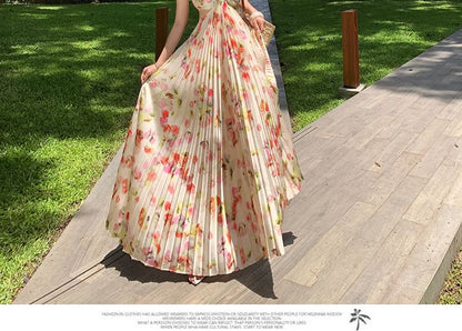 Halter Neck Floral Print Cutout Pleated Open Back Maxi A-Line Dress