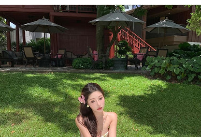 Halter Neck Floral Print Cutout Pleated Open Back Maxi A-Line Dress