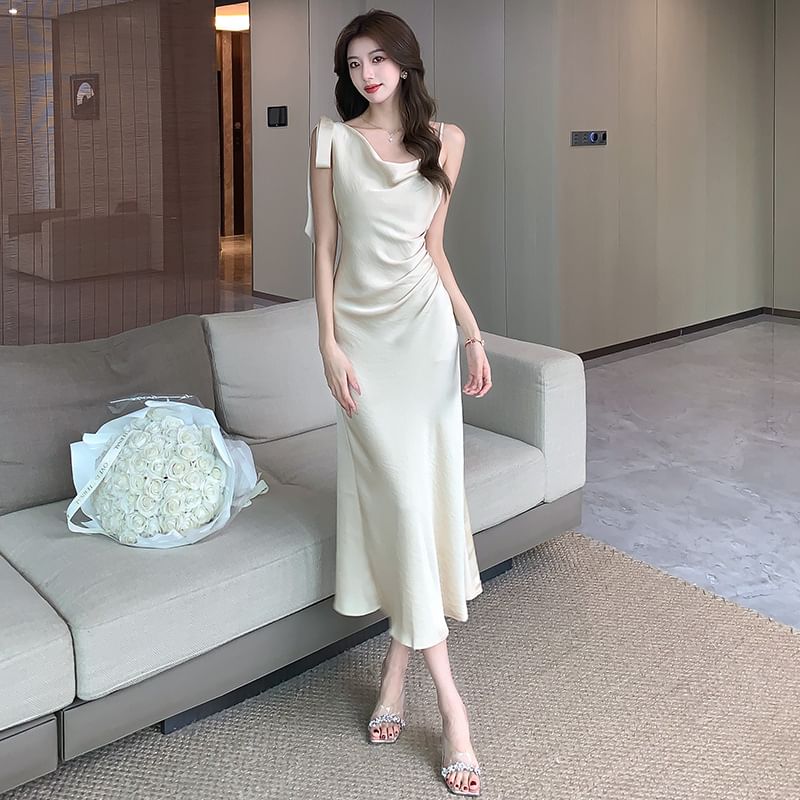 Sleeveless Cowl Neck Plain Asymmetrical Ruched Satin Midi Mermaid Dress