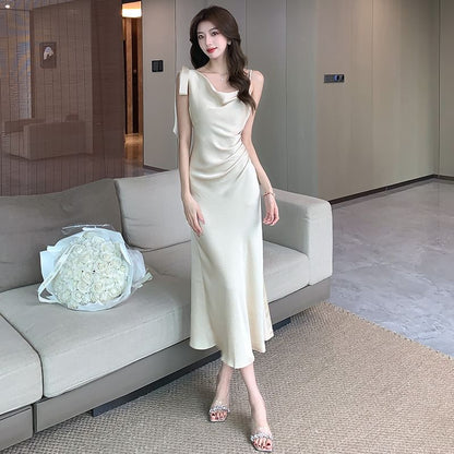 Sleeveless Cowl Neck Plain Asymmetrical Ruched Satin Midi Mermaid Dress