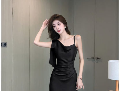 Sleeveless Cowl Neck Plain Asymmetrical Ruched Satin Midi Mermaid Dress