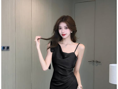 Sleeveless Cowl Neck Plain Asymmetrical Ruched Satin Midi Mermaid Dress