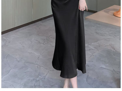 Sleeveless Cowl Neck Plain Asymmetrical Ruched Satin Midi Mermaid Dress