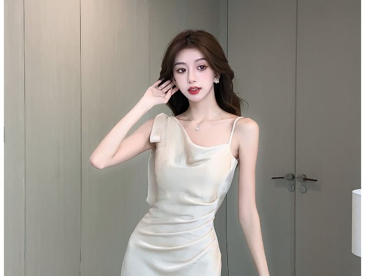 Sleeveless Cowl Neck Plain Asymmetrical Ruched Satin Midi Mermaid Dress