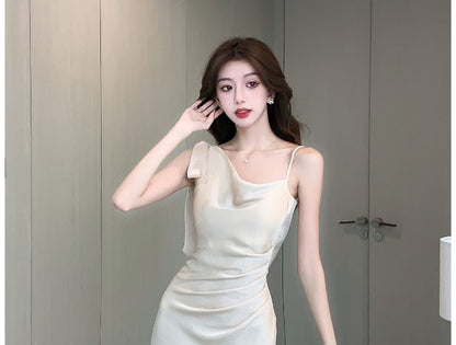 Sleeveless Cowl Neck Plain Asymmetrical Ruched Satin Midi Mermaid Dress