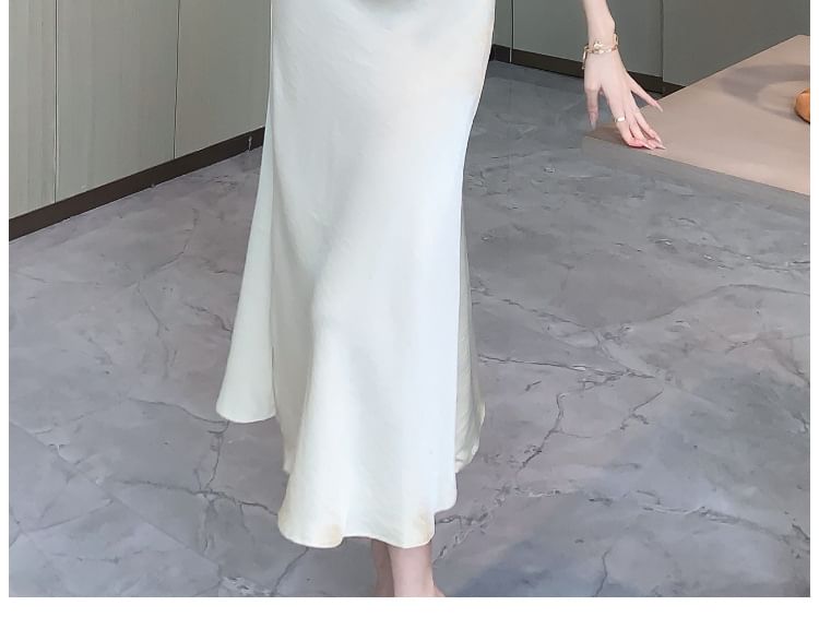 Sleeveless Cowl Neck Plain Asymmetrical Ruched Satin Midi Mermaid Dress