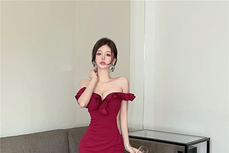 Plain Mermaid Ruffle Evening Gown Short-Sleeve Side-Slit