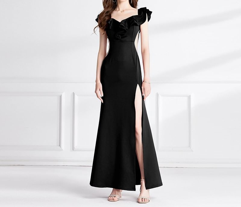 Plain Mermaid Ruffle Evening Gown Short-Sleeve Side-Slit