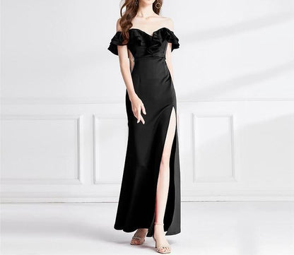 Plain Mermaid Ruffle Evening Gown Short-Sleeve Side-Slit