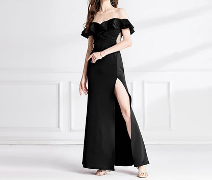 Plain Mermaid Ruffle Evening Gown Short-Sleeve Side-Slit
