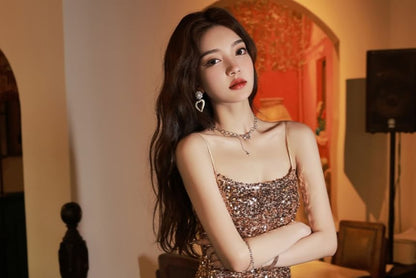Spaghetti Strap Sequin Side-Slit Midi Sheath Cocktail Dress