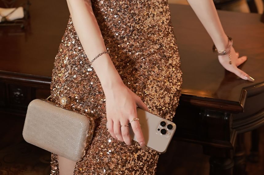 Spaghetti Strap Sequin Side-Slit Midi Sheath Cocktail Dress