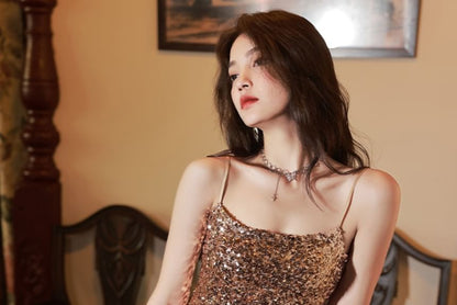 Spaghetti Strap Sequin Side-Slit Midi Sheath Cocktail Dress