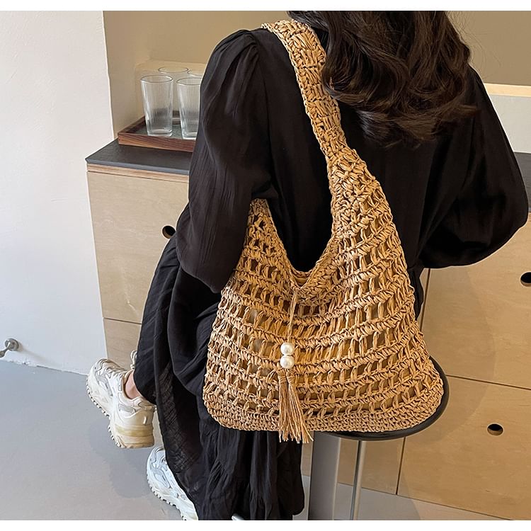 Sac fourre-tout uni perforé à pompons