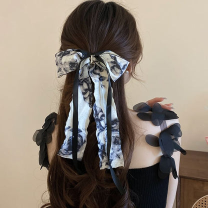 Elegant Retro Floral Print Bowknot Chiffon Hair Scarf Scrunchie