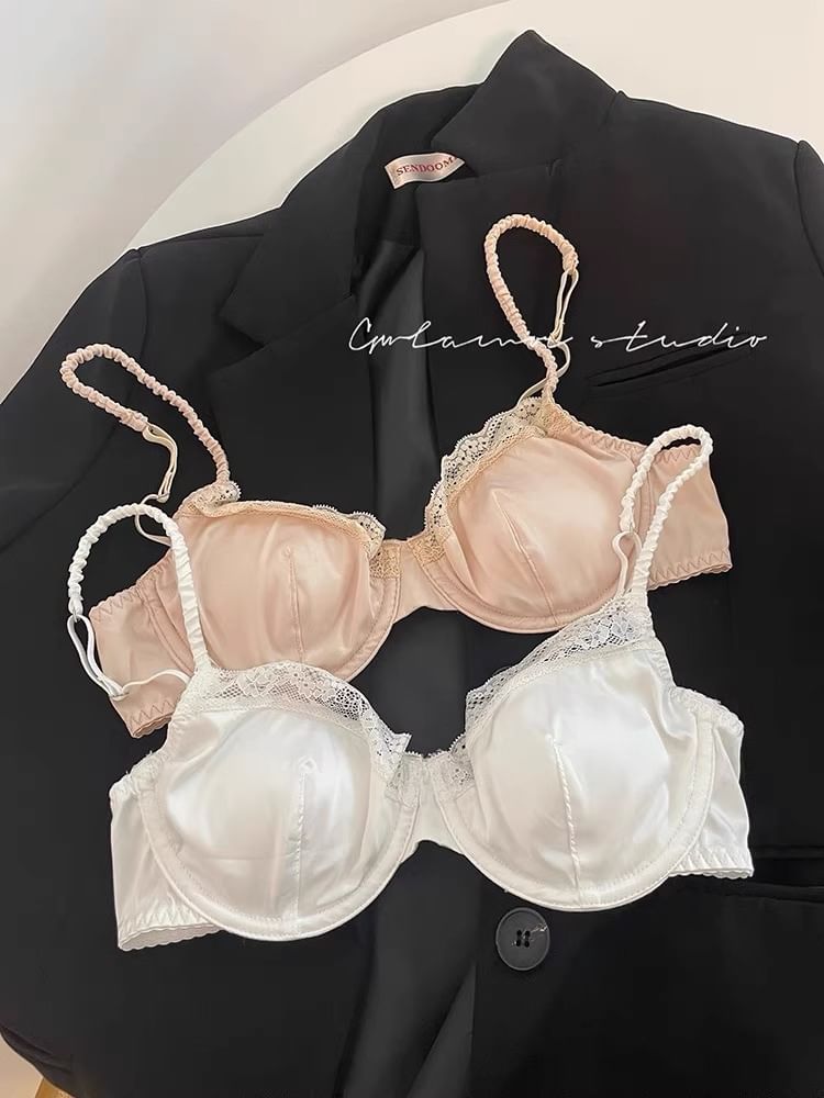 Plain Lace Trim Satin Bra / Panty / Set