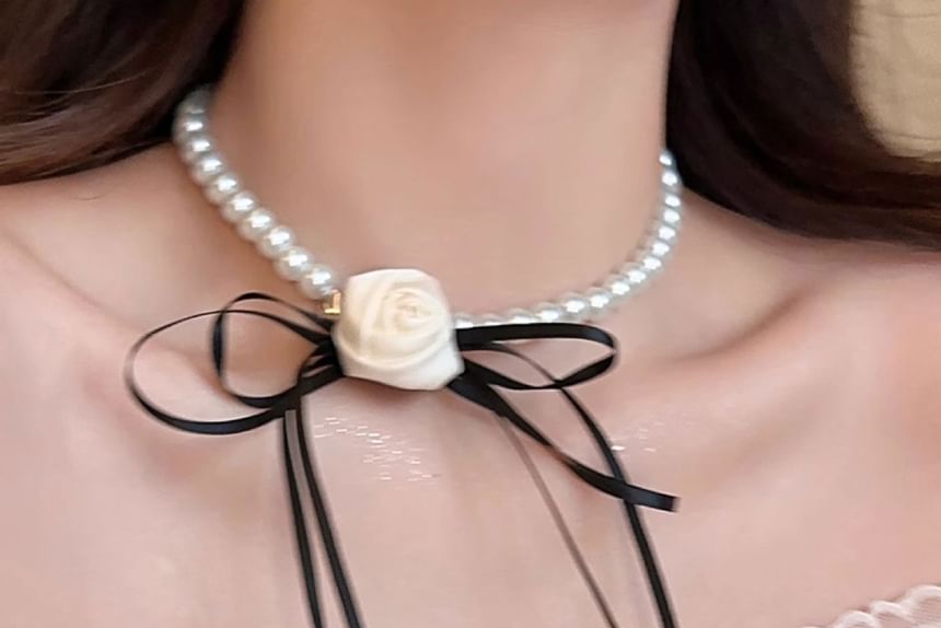 Fabric Ribbon Faux Pearl Choker