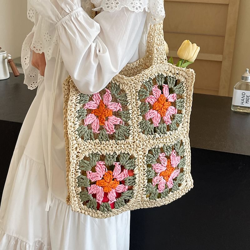 Floral Patterned Straw Tote Bag