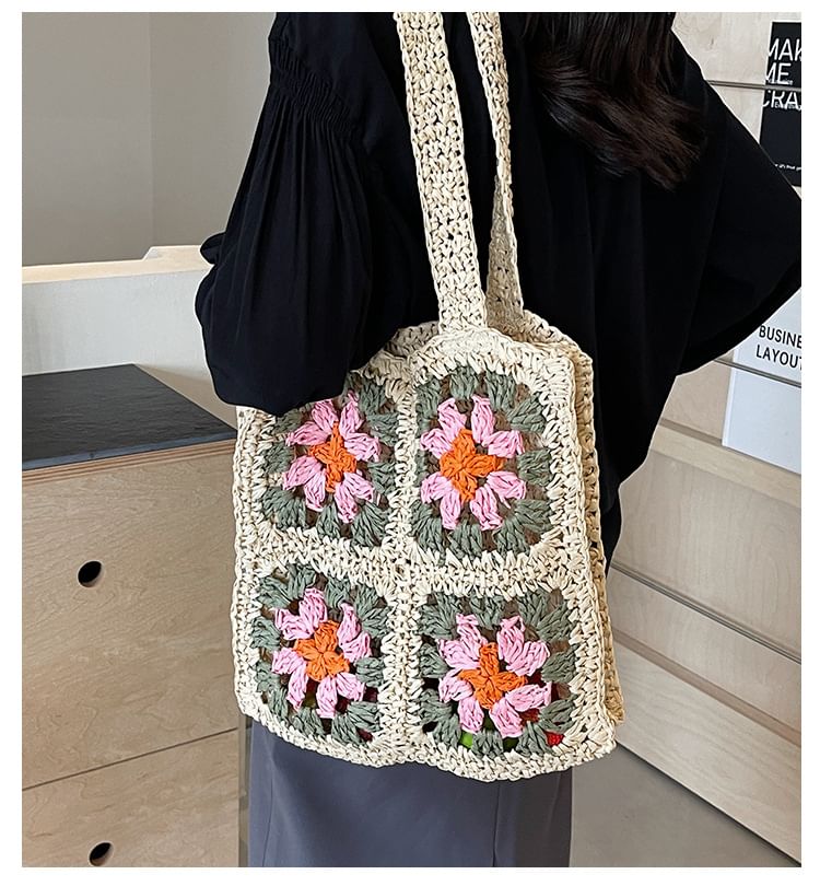 Floral Patterned Straw Tote Bag