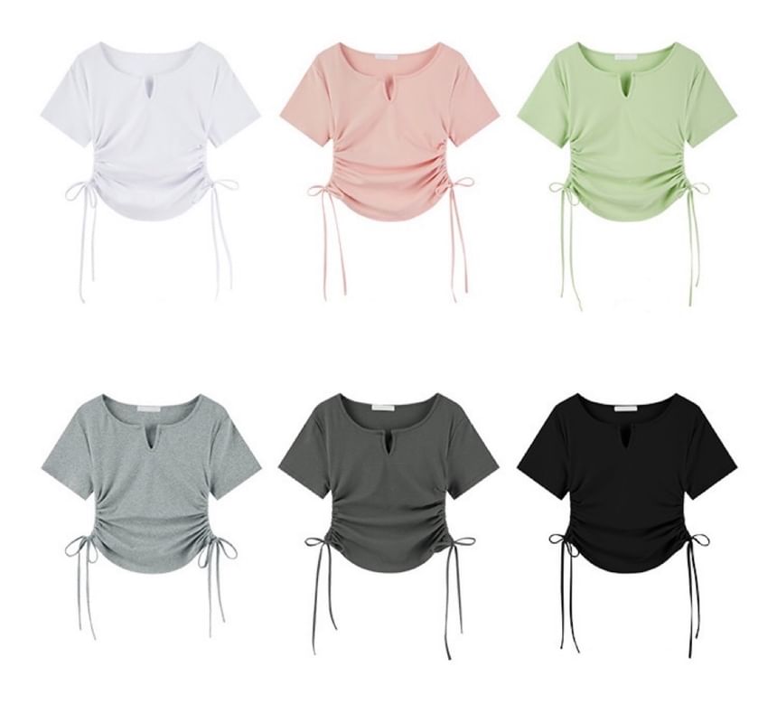 Short-Sleeve Notch Neck Plain Drawstring Waist Tee