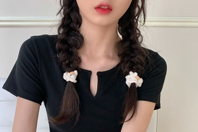 Short-Sleeve Notch Neck Plain Drawstring Waist Tee