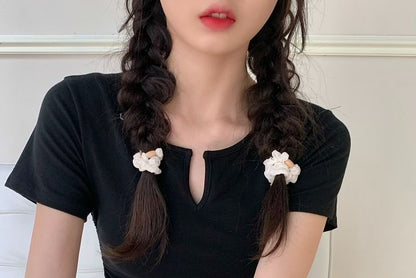 Short-Sleeve Notch Neck Plain Drawstring Waist Tee