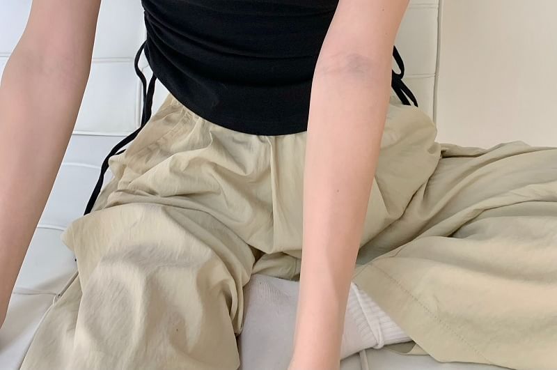 Short-Sleeve Notch Neck Plain Drawstring Waist Tee