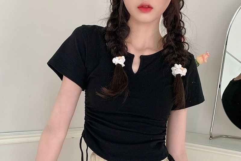 Short-Sleeve Notch Neck Plain Drawstring Waist Tee