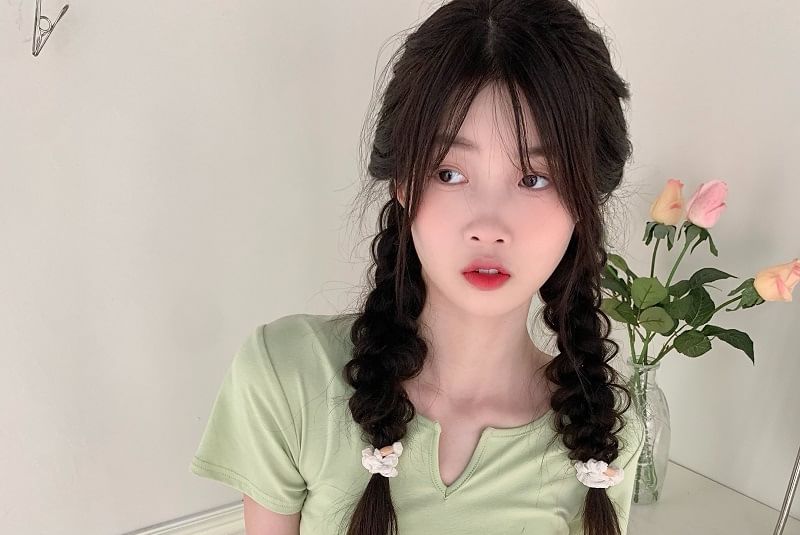 Short-Sleeve Notch Neck Plain Drawstring Waist Tee