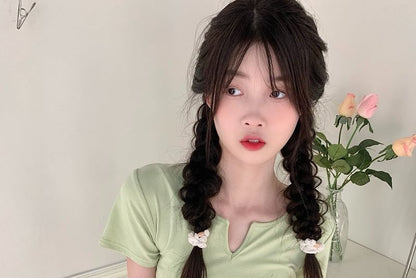 Short-Sleeve Notch Neck Plain Drawstring Waist Tee