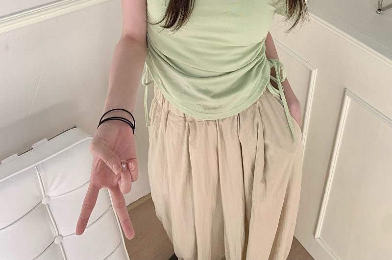 Short-Sleeve Notch Neck Plain Drawstring Waist Tee