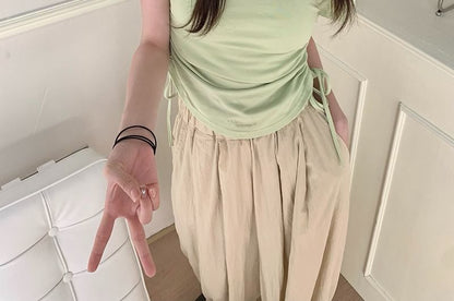 Short-Sleeve Notch Neck Plain Drawstring Waist Tee