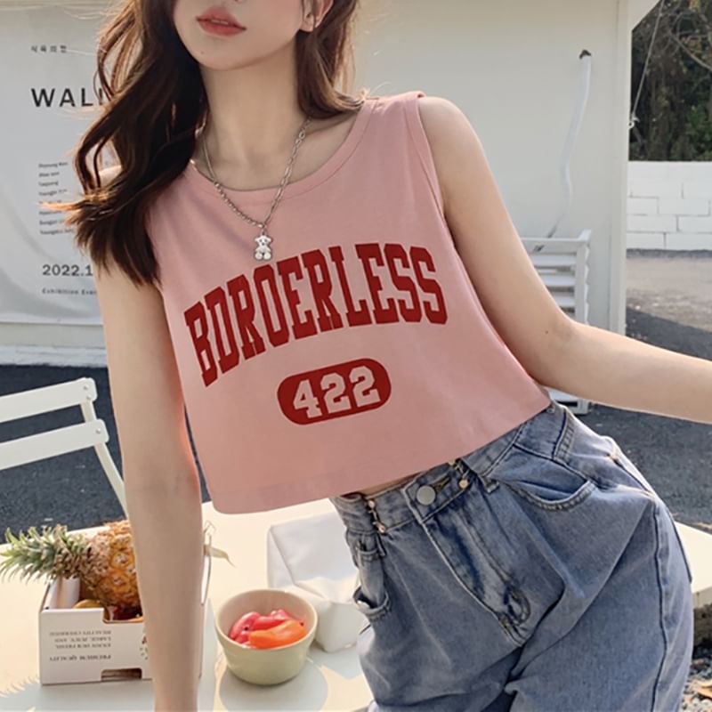 Crew Neck Lettering Numbering Print Crop Tank Top